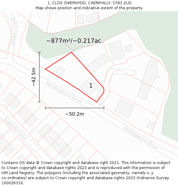 1, CLOS GWERNYDD, CAERPHILLY, CF83 2UD: Plot and title map