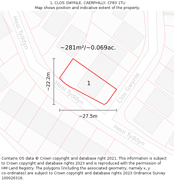 1, CLOS GWYNLE, CAERPHILLY, CF83 1TU: Plot and title map