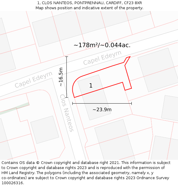 1, CLOS NANTEOS, PONTPRENNAU, CARDIFF, CF23 8XR: Plot and title map