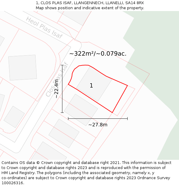 1, CLOS PLAS ISAF, LLANGENNECH, LLANELLI, SA14 8RX: Plot and title map