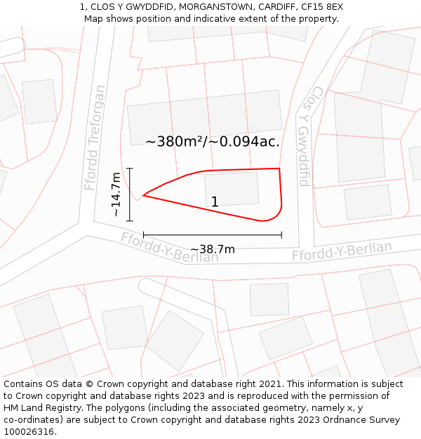 1, CLOS Y GWYDDFID, MORGANSTOWN, CARDIFF, CF15 8EX: Plot and title map