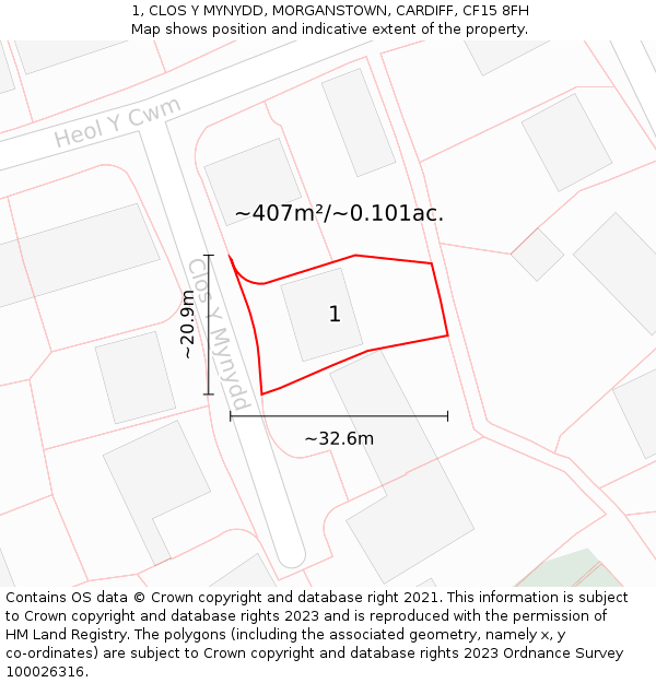 1, CLOS Y MYNYDD, MORGANSTOWN, CARDIFF, CF15 8FH: Plot and title map