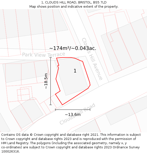 1, CLOUDS HILL ROAD, BRISTOL, BS5 7LD: Plot and title map