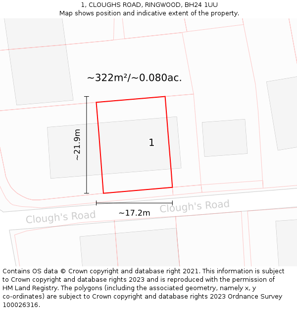 1, CLOUGHS ROAD, RINGWOOD, BH24 1UU: Plot and title map