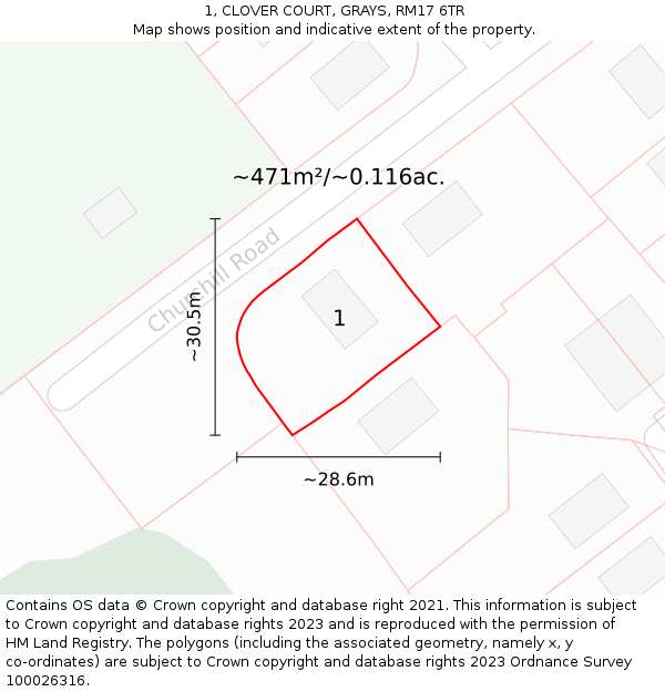 1, CLOVER COURT, GRAYS, RM17 6TR: Plot and title map
