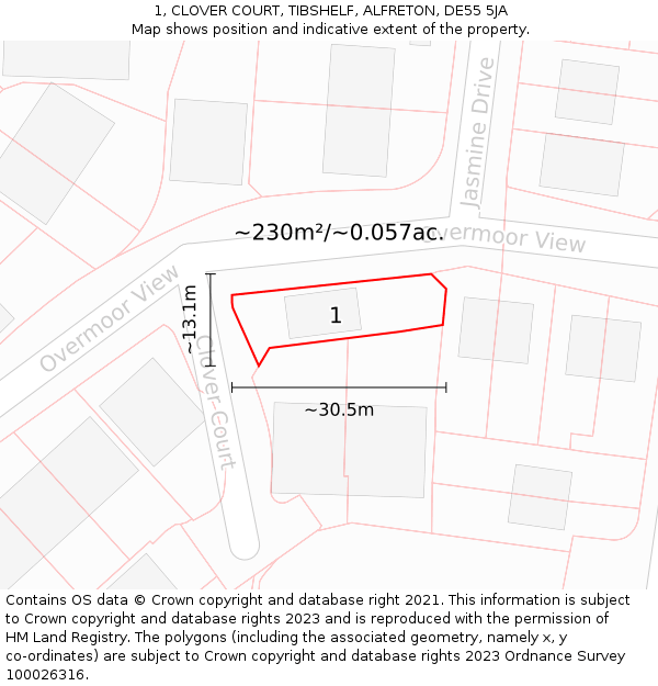 1, CLOVER COURT, TIBSHELF, ALFRETON, DE55 5JA: Plot and title map