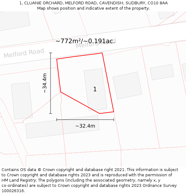 1, CLUANIE ORCHARD, MELFORD ROAD, CAVENDISH, SUDBURY, CO10 8AA: Plot and title map