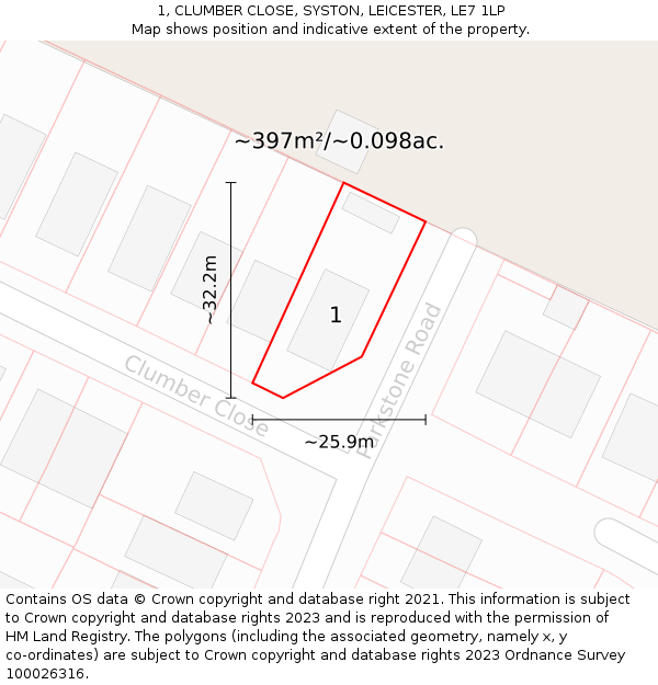 1, CLUMBER CLOSE, SYSTON, LEICESTER, LE7 1LP: Plot and title map