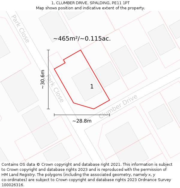 1, CLUMBER DRIVE, SPALDING, PE11 1PT: Plot and title map