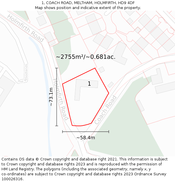 1, COACH ROAD, MELTHAM, HOLMFIRTH, HD9 4DF: Plot and title map