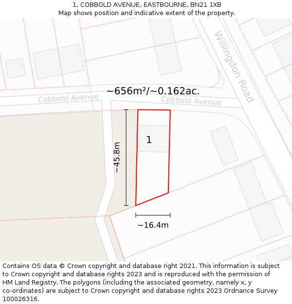 1, COBBOLD AVENUE, EASTBOURNE, BN21 1XB: Plot and title map