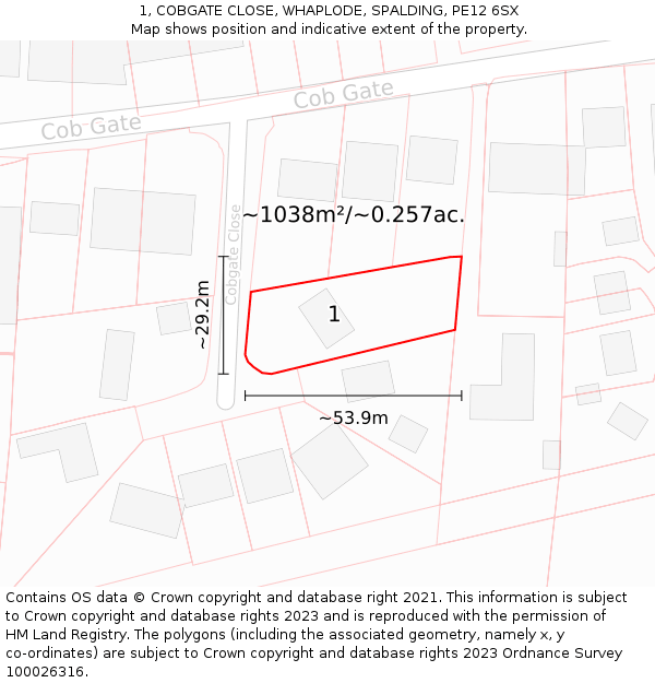 1, COBGATE CLOSE, WHAPLODE, SPALDING, PE12 6SX: Plot and title map
