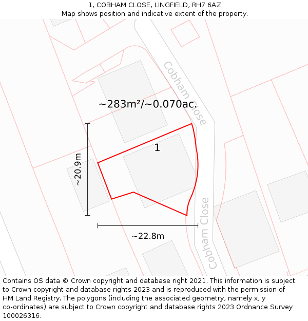 1, COBHAM CLOSE, LINGFIELD, RH7 6AZ: Plot and title map