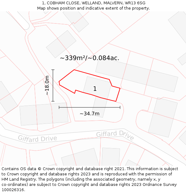 1, COBHAM CLOSE, WELLAND, MALVERN, WR13 6SG: Plot and title map