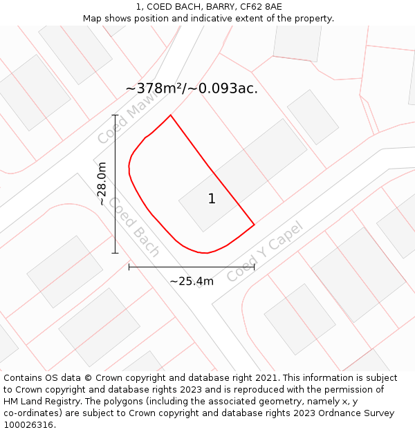 1, COED BACH, BARRY, CF62 8AE: Plot and title map