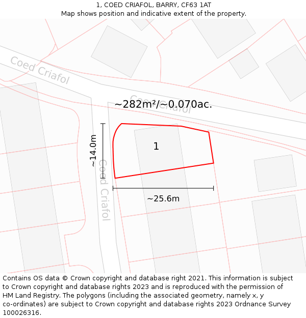 1, COED CRIAFOL, BARRY, CF63 1AT: Plot and title map