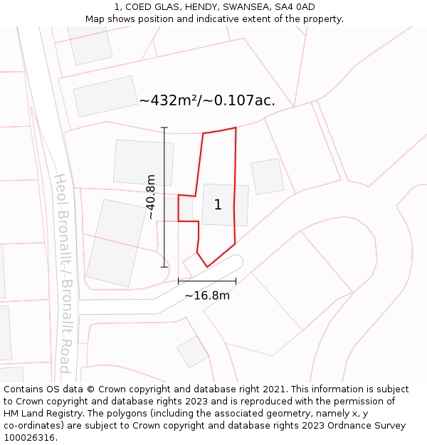 1, COED GLAS, HENDY, SWANSEA, SA4 0AD: Plot and title map