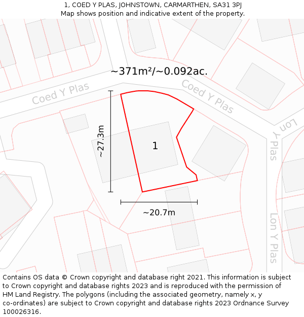 1, COED Y PLAS, JOHNSTOWN, CARMARTHEN, SA31 3PJ: Plot and title map