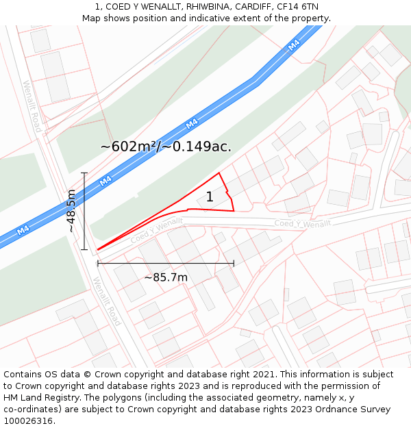 1, COED Y WENALLT, RHIWBINA, CARDIFF, CF14 6TN: Plot and title map