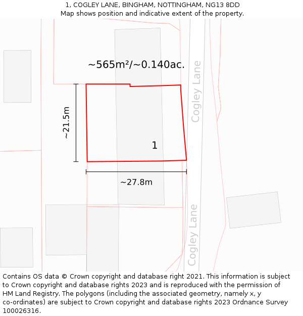 1, COGLEY LANE, BINGHAM, NOTTINGHAM, NG13 8DD: Plot and title map