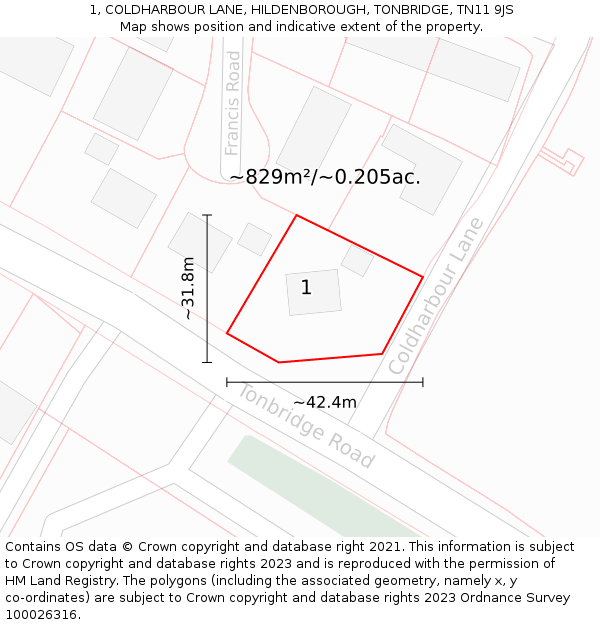 1, COLDHARBOUR LANE, HILDENBOROUGH, TONBRIDGE, TN11 9JS: Plot and title map