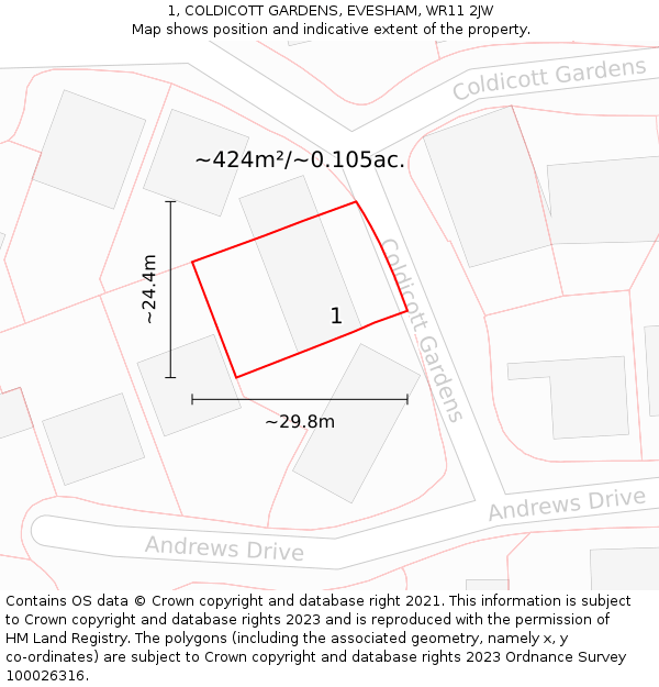 1, COLDICOTT GARDENS, EVESHAM, WR11 2JW: Plot and title map