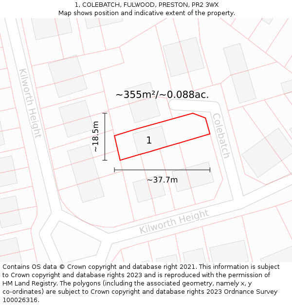 1, COLEBATCH, FULWOOD, PRESTON, PR2 3WX: Plot and title map