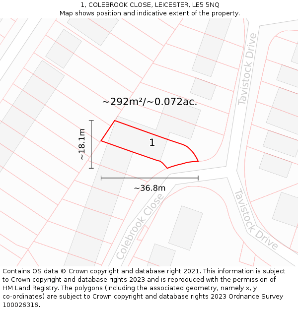 1, COLEBROOK CLOSE, LEICESTER, LE5 5NQ: Plot and title map