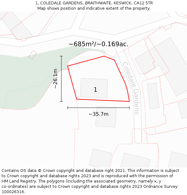 1, COLEDALE GARDENS, BRAITHWAITE, KESWICK, CA12 5TR: Plot and title map