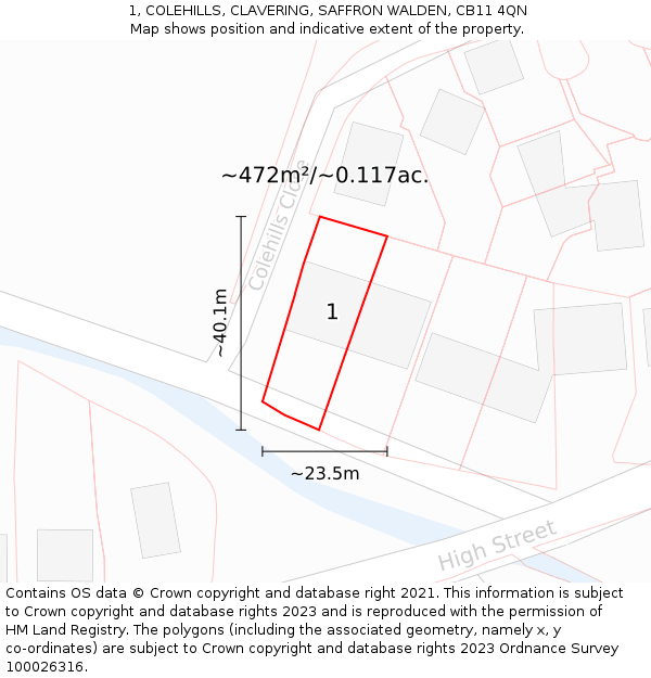 1, COLEHILLS, CLAVERING, SAFFRON WALDEN, CB11 4QN: Plot and title map