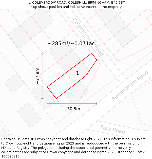 1, COLEMEADOW ROAD, COLESHILL, BIRMINGHAM, B46 1BT: Plot and title map