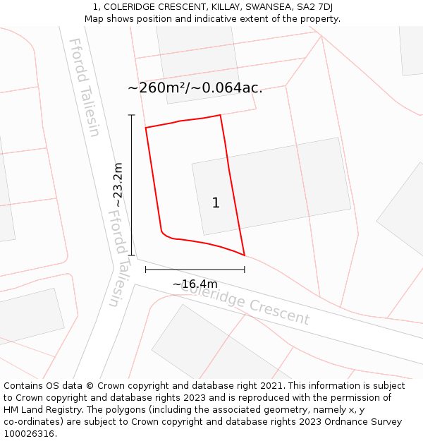 1, COLERIDGE CRESCENT, KILLAY, SWANSEA, SA2 7DJ: Plot and title map