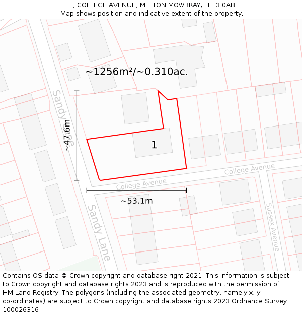 1, COLLEGE AVENUE, MELTON MOWBRAY, LE13 0AB: Plot and title map