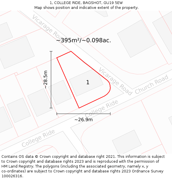 1, COLLEGE RIDE, BAGSHOT, GU19 5EW: Plot and title map