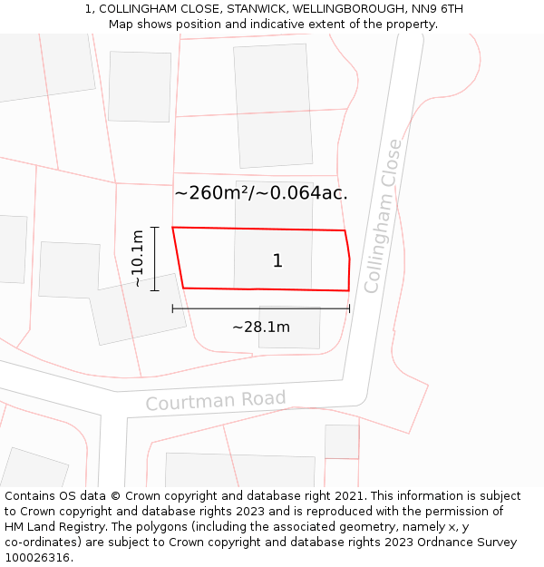 1, COLLINGHAM CLOSE, STANWICK, WELLINGBOROUGH, NN9 6TH: Plot and title map