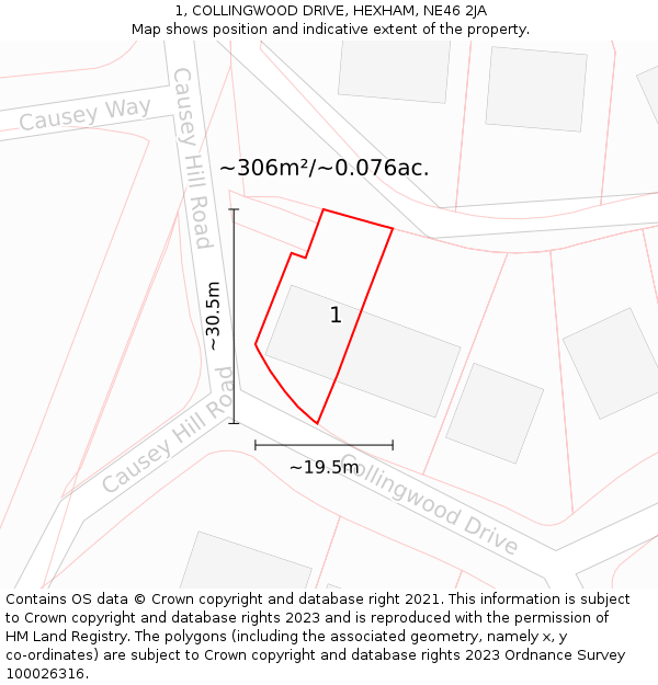 1, COLLINGWOOD DRIVE, HEXHAM, NE46 2JA: Plot and title map