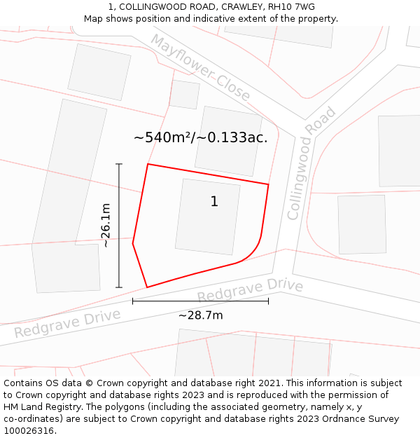 1, COLLINGWOOD ROAD, CRAWLEY, RH10 7WG: Plot and title map