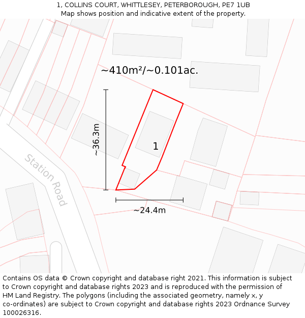 1, COLLINS COURT, WHITTLESEY, PETERBOROUGH, PE7 1UB: Plot and title map