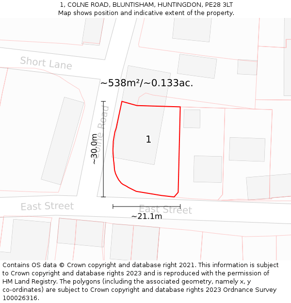 1, COLNE ROAD, BLUNTISHAM, HUNTINGDON, PE28 3LT: Plot and title map