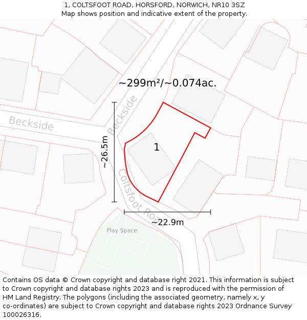 1, COLTSFOOT ROAD, HORSFORD, NORWICH, NR10 3SZ: Plot and title map