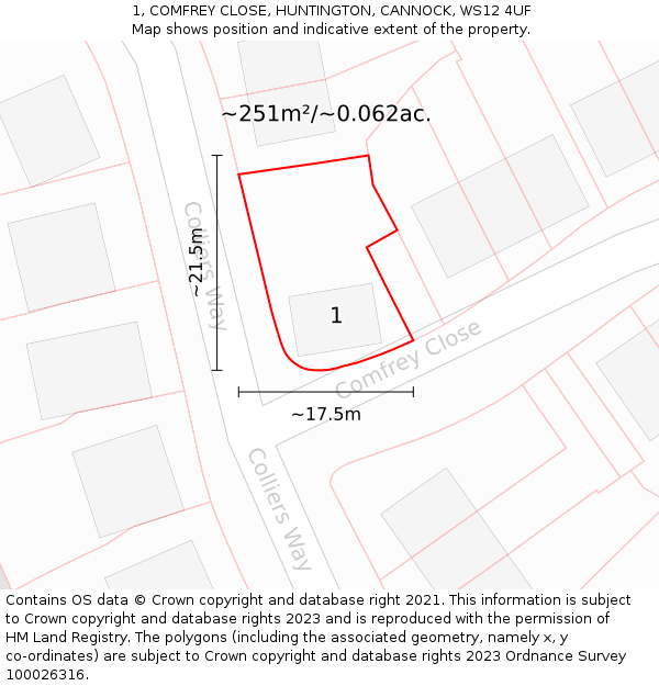 1, COMFREY CLOSE, HUNTINGTON, CANNOCK, WS12 4UF: Plot and title map