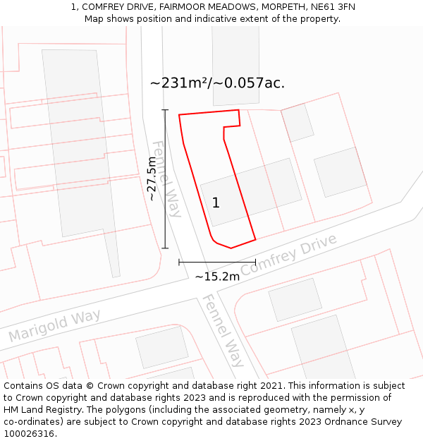 1, COMFREY DRIVE, FAIRMOOR MEADOWS, MORPETH, NE61 3FN: Plot and title map