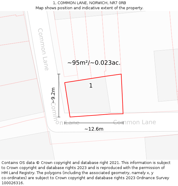 1, COMMON LANE, NORWICH, NR7 0RB: Plot and title map