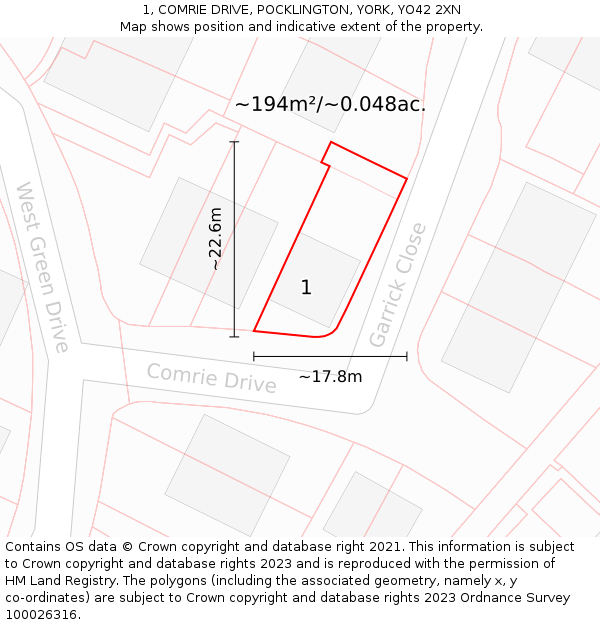 1, COMRIE DRIVE, POCKLINGTON, YORK, YO42 2XN: Plot and title map