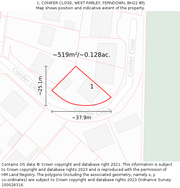 1, CONIFER CLOSE, WEST PARLEY, FERNDOWN, BH22 8PJ: Plot and title map