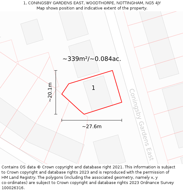 1, CONINGSBY GARDENS EAST, WOODTHORPE, NOTTINGHAM, NG5 4JY: Plot and title map