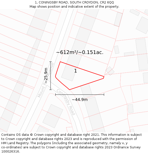 1, CONINGSBY ROAD, SOUTH CROYDON, CR2 6QQ: Plot and title map