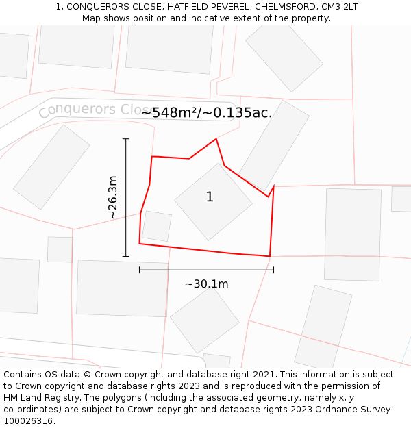 1, CONQUERORS CLOSE, HATFIELD PEVEREL, CHELMSFORD, CM3 2LT: Plot and title map