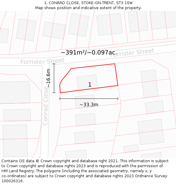 1, CONRAD CLOSE, STOKE-ON-TRENT, ST3 1SW: Plot and title map