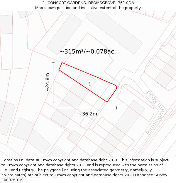 1, CONSORT GARDENS, BROMSGROVE, B61 0DA: Plot and title map